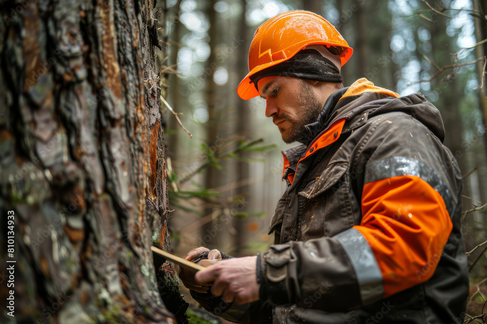 Forestry worker marking trees for felling in a planned timber logging operation, emphasizing sustainability.. AI generated.