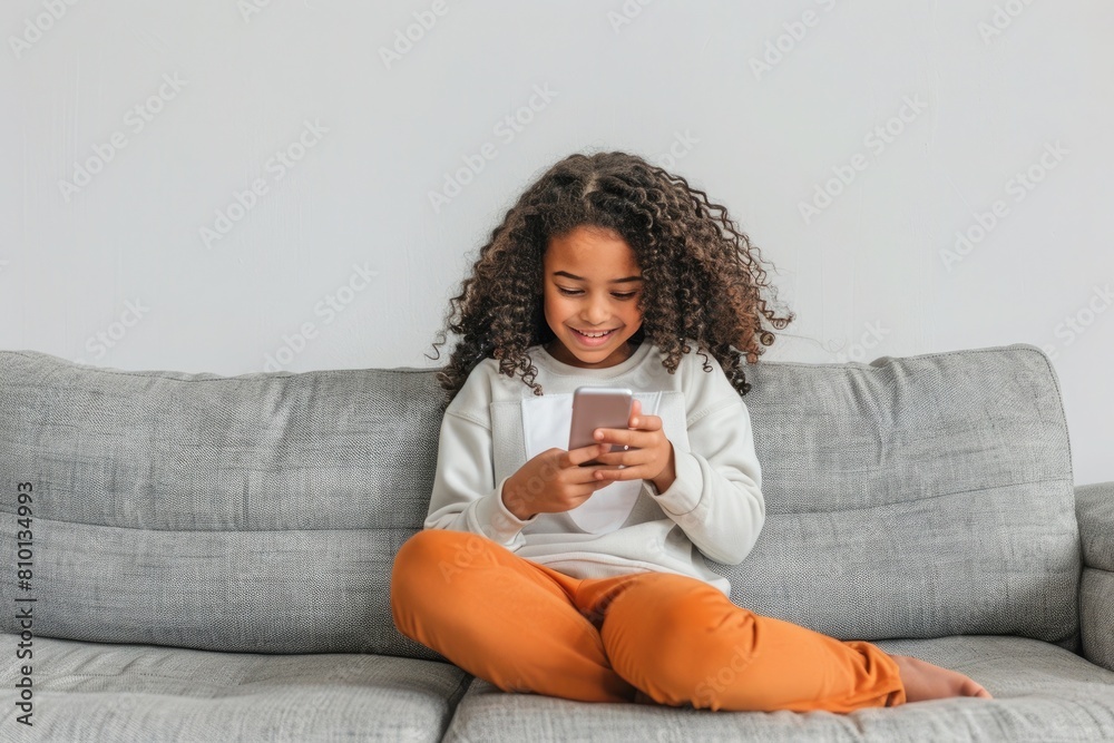 child girl sitting on a grey sofa looking at her phone child girl sitting on a grey sofa looking at her phone