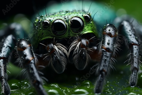 Closeup of a green jumping spider with large black eyes photo