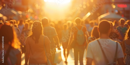 A crowded city street is filled with people walking towards the setting sun. Generative AI