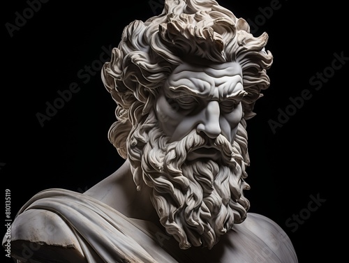 Dramatic ancient sculpture of a bearded man