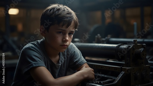 A young sad boy, with dirt-stained clothes in a textile factory, dark moody atmosphere World Day Against Child Labor © Pixelpur