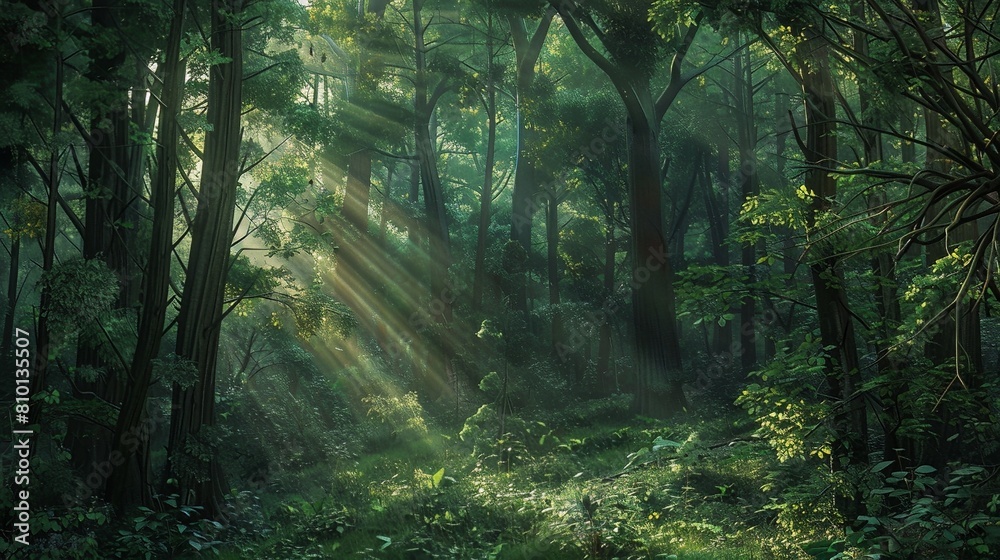 Fototapeta premium Forest Background: A dense forest provides a rich, textured background with towering trees, lush underbrush, and dappled sunlight filtering through the canopy 