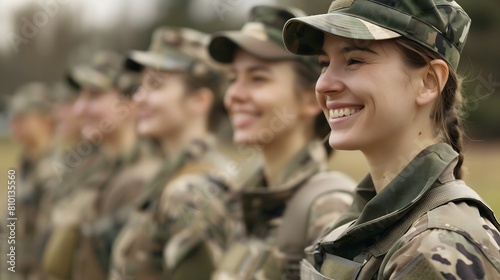 A group of diverse female soldiers  dressed in camouflage uniforms  smiling and standing in formation during an outdoor military exercise. Generative AI