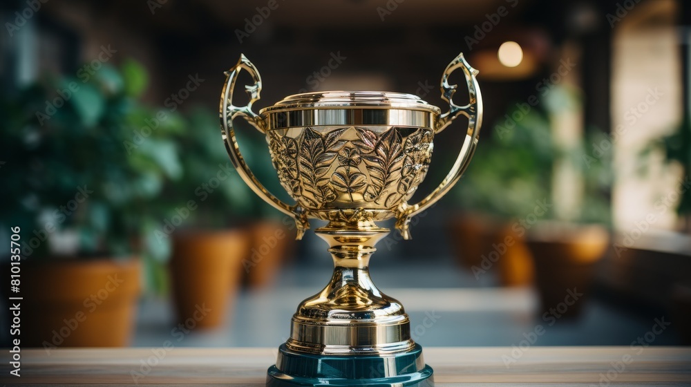 golden trophy cup on wooden table