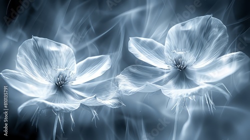   A pair of white flowers atop a blue-and-white tablecloth on a wooden table
