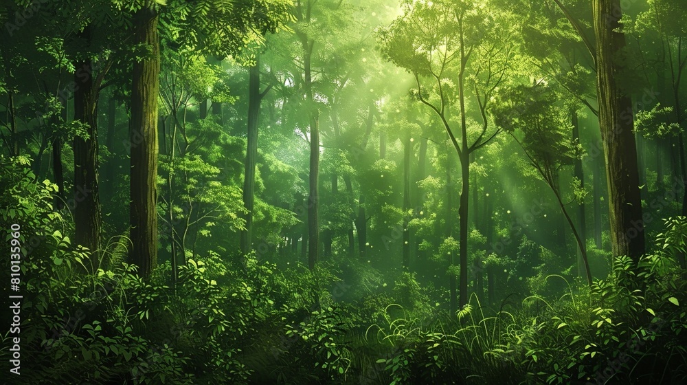 Forest Background: A dense forest provides a rich, textured background with towering trees, lush underbrush, and dappled sunlight filtering through the canopy Forest Background: A dense forest provides a rich, textured background with towering trees, lush underbrush, and dappled sunlight filtering through the canopy