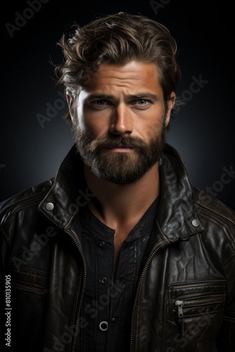 Rugged man with beard and leather jacket