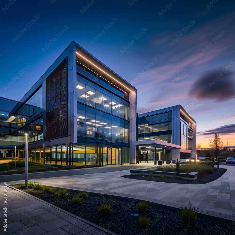 Modern Office Building at Sunset in Urban Business District With Reflective Glass Windows. Generative AI