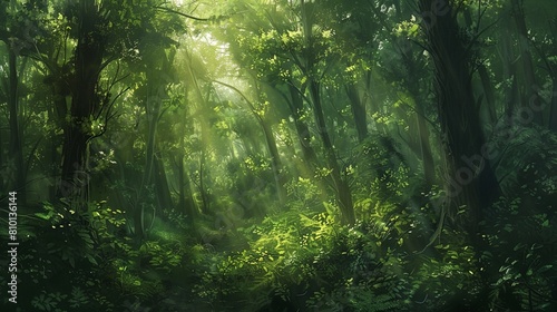 Forest Background: A dense forest provides a rich, textured background with towering trees, lush underbrush, and dappled sunlight filtering through the canopy  © shaiq