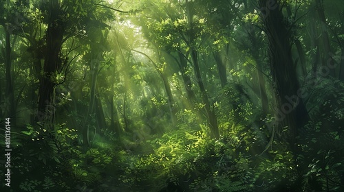 Wallpaper Mural Forest Background: A dense forest provides a rich, textured background with towering trees, lush underbrush, and dappled sunlight filtering through the canopy  Torontodigital.ca