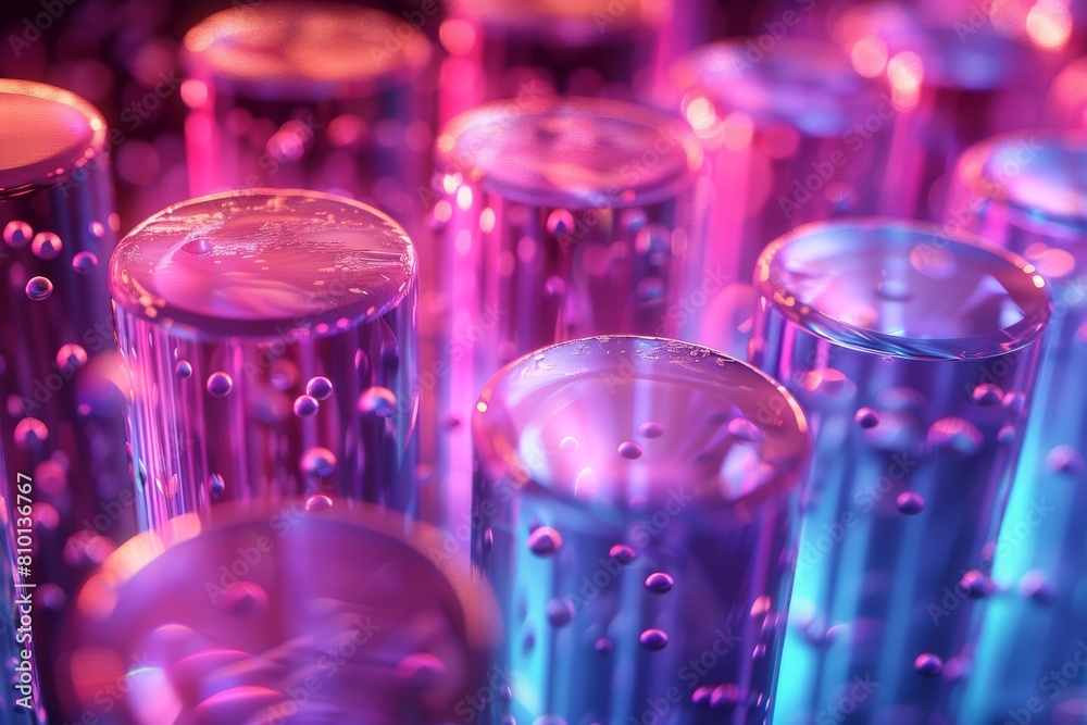 Digital artwork of 3D rendered cylinders bathed in shifting neon purple and pink light, imparting a futuristic mood Digital artwork of 3D rendered cylinders bathed in shifting neon purple and pink light, imparting a futuristic mood