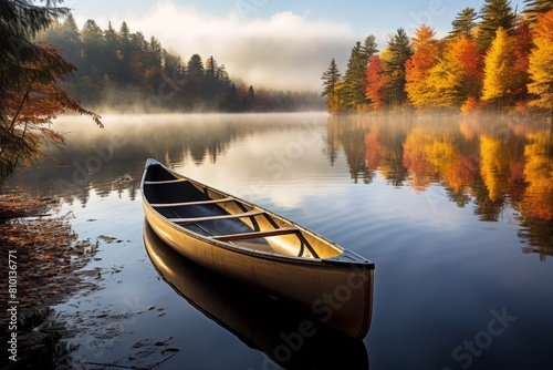 Serene autumn lake with colorful foliage and a wooden boat