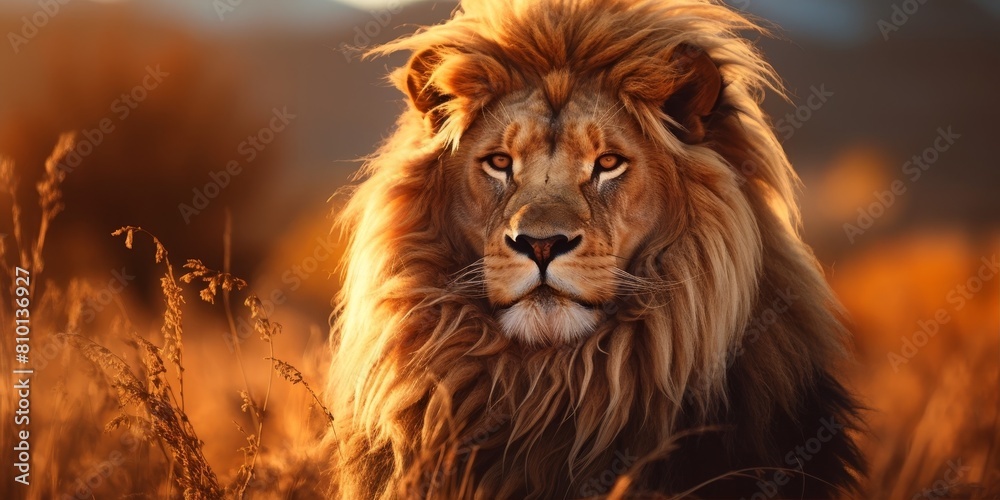 Majestic lion in golden sunset