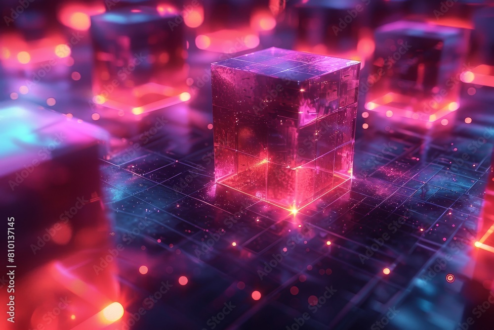 A pink glowing cube standing out among multiple dimly lit neon squares in a representation of individuality A pink glowing cube standing out among multiple dimly lit neon squares in a representation of individuality