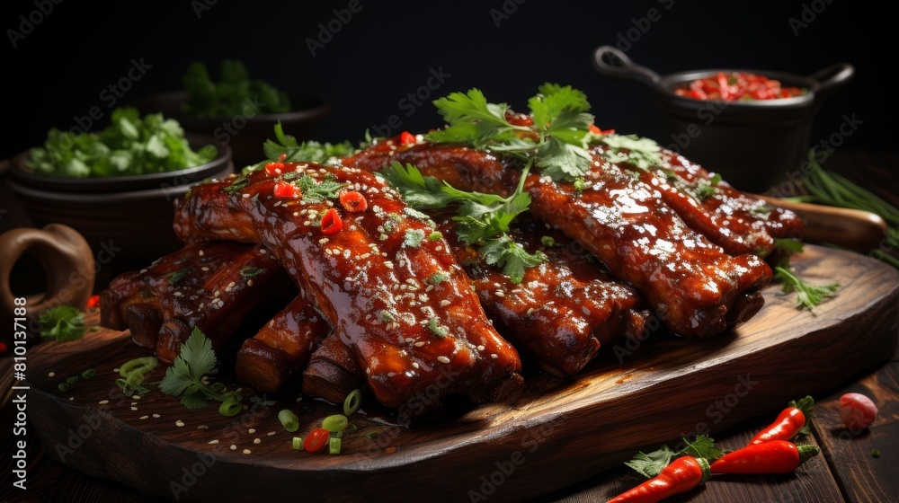Delicious barbecue ribs with spicy sauce and fresh herbs