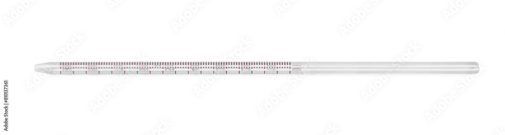 One glass measuring pipette isolated on white, top view