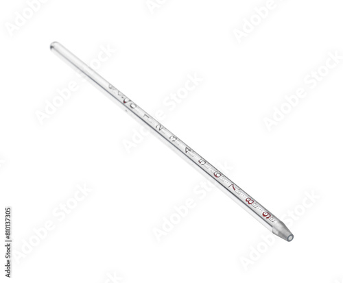 One glass measuring pipette isolated on white
