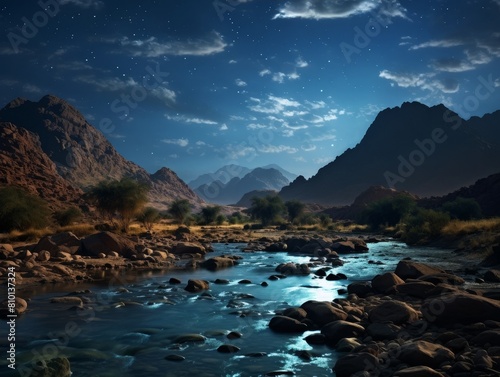 Serene mountain river under starry night sky