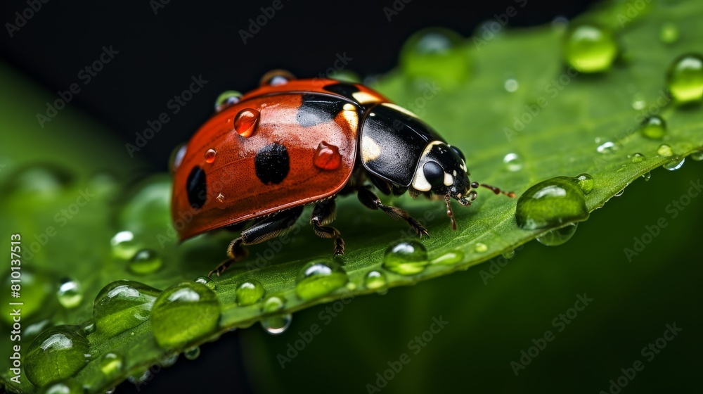 close-up of a vibrant red ladybug on a leaf with water droplets close-up of a vibrant red ladybug on a leaf with water droplets