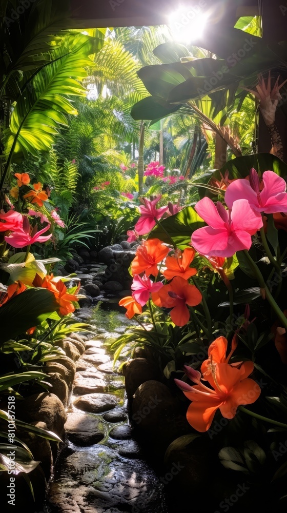 Fototapeta premium lush tropical garden with vibrant flowers and foliage