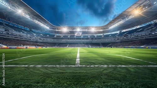Twilight Over an Empty Stadium Awaiting an Evening Soccer Match. AI.