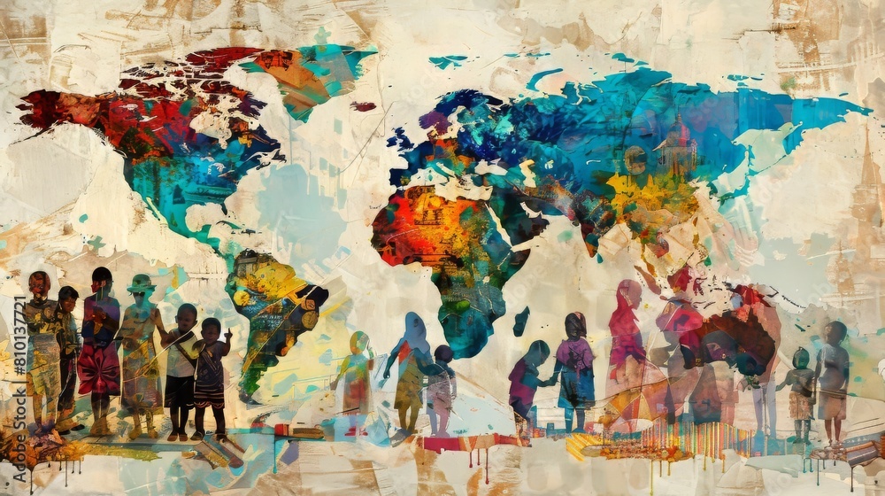 Fototapeta premium A colorful painting of a group of people standing in front of a world map. The painting conveys a sense of unity and diversity among people from different parts of the world