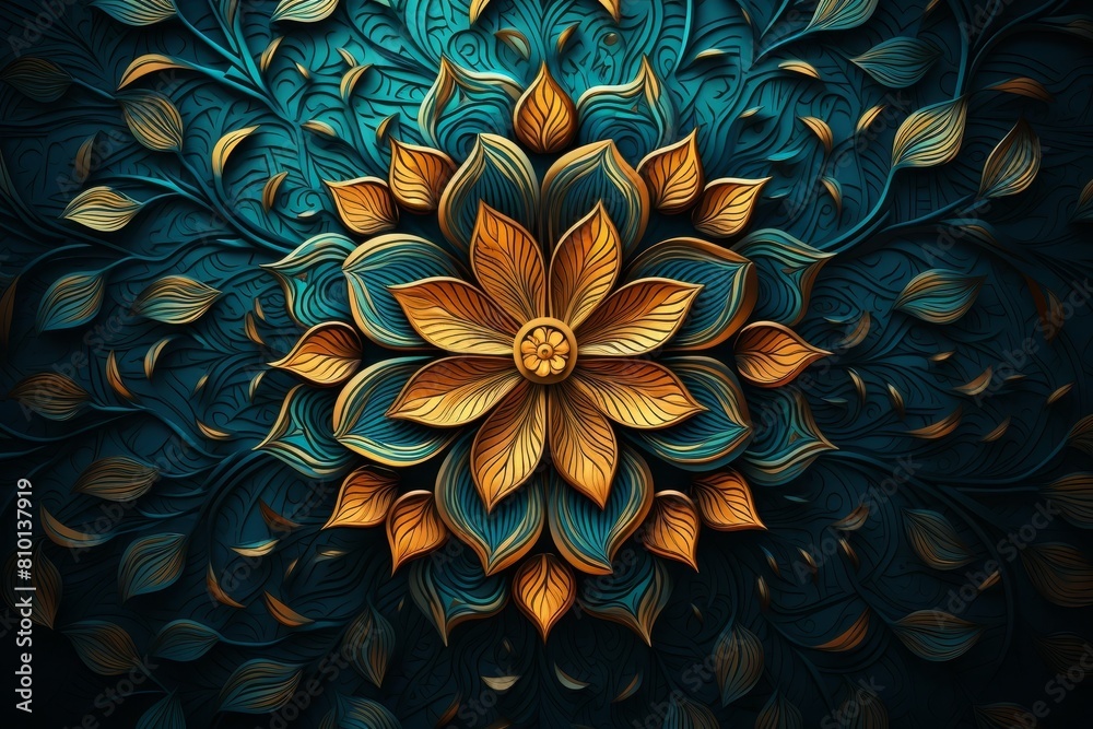 Ornate floral pattern in shades of teal and gold Ornate floral pattern in shades of teal and gold