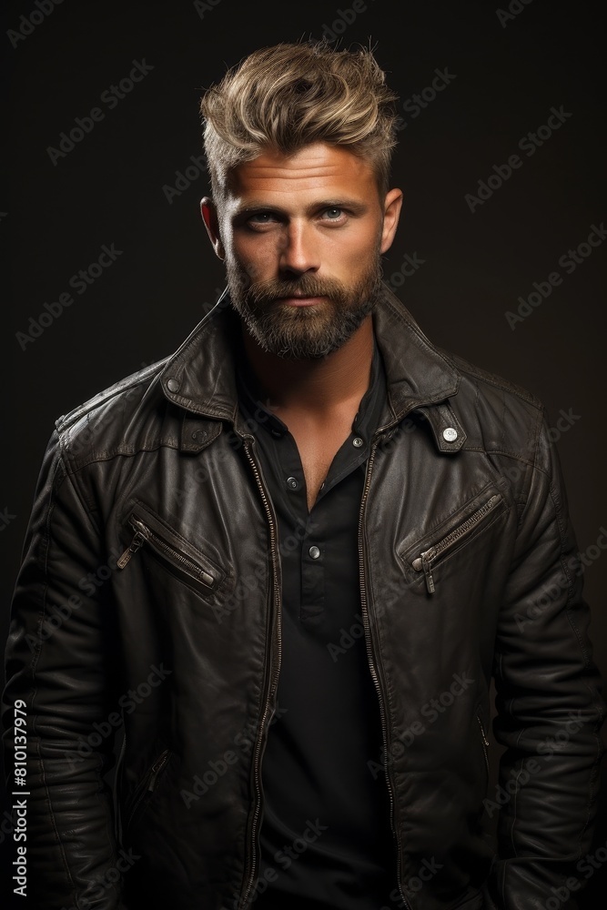Rugged and handsome man in leather jacket