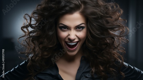 Energetic woman with wild curly hair