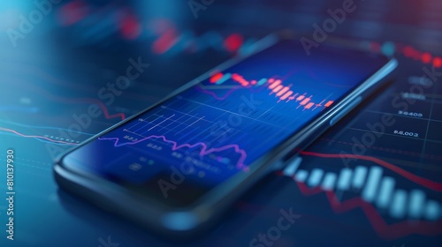 Close up of smart phone with creative forex chart on blue background. Trade, finance, technology and communication concept. Mock up, 3D Rendering