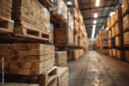 Wide angle shot of timber stockpiles in a warehouse with blurred foreground and clear background.. AI generated.