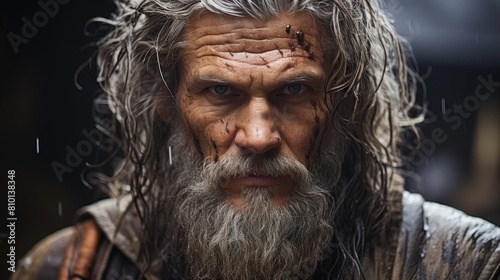 Weathered face of an elderly man with a long beard © Balaraw