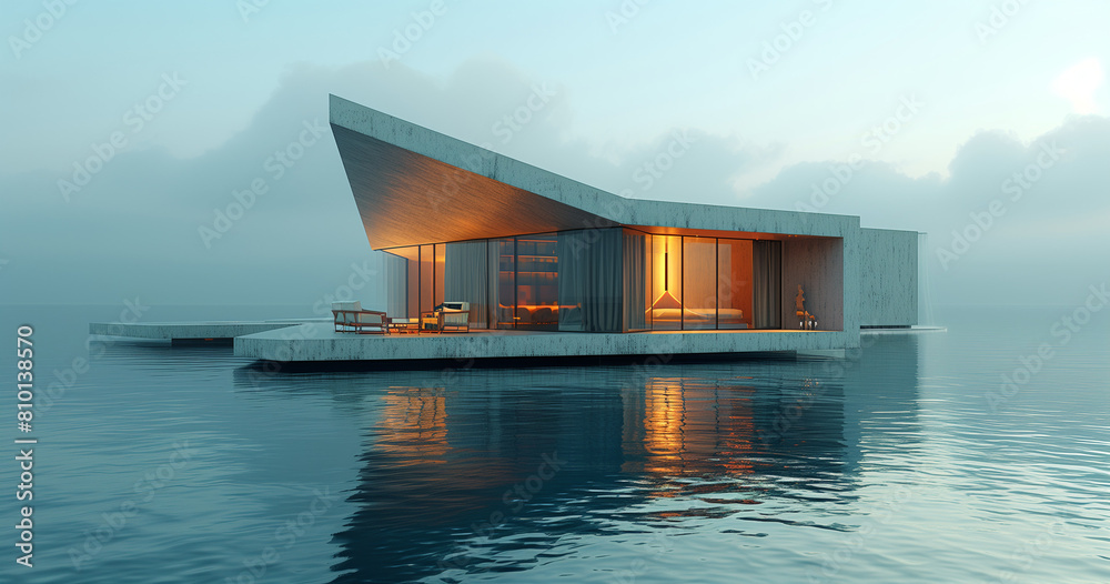 Fototapeta premium Minimalist Waterfront Retreat: Modern Architecture in a Misty Lakeside Setting
