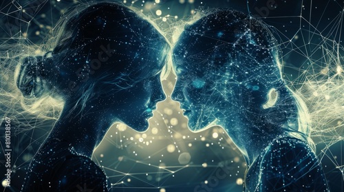 Two women's faces are shown in a blue and white background. The faces are connected by a line, and the background is filled with stars and lines. Concept of connection and unity between the two women