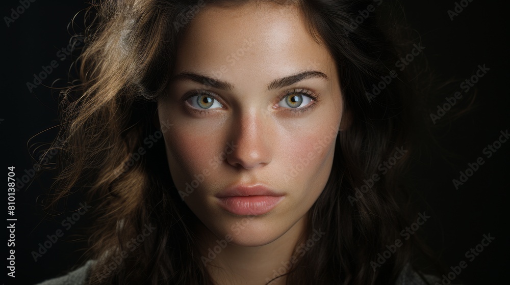 Intense gaze of a young woman with dark hair Intense gaze of a young woman with dark hair