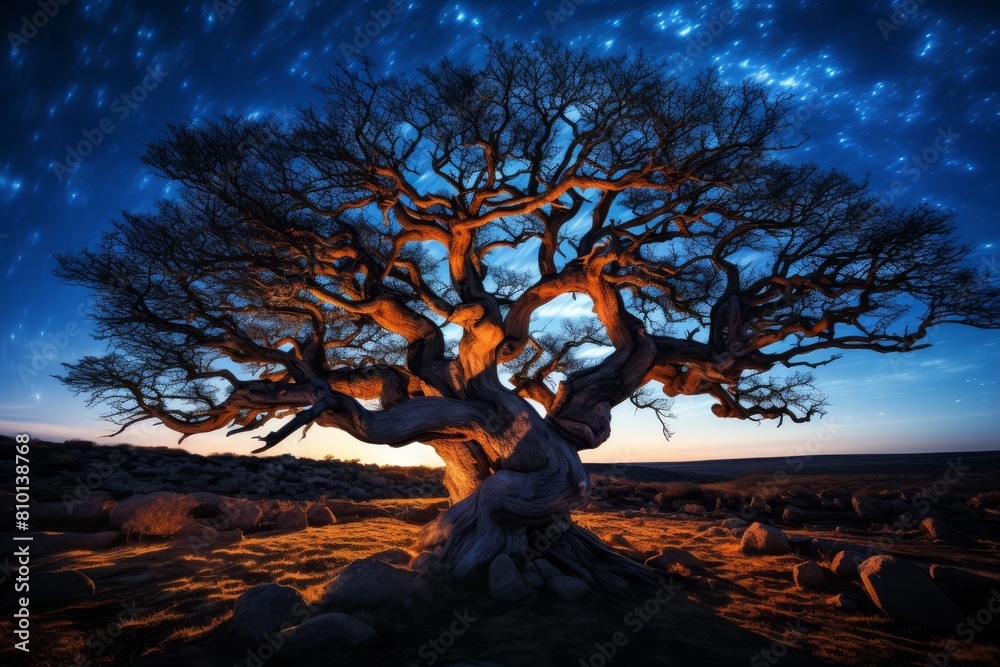 Magical night sky over ancient twisted tree