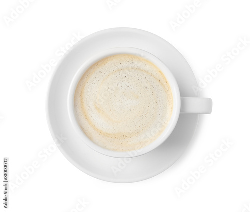 Tasty cappuccino in coffee cup isolated on white, top view