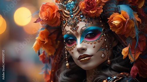Vibrant carnival costume with ornate headpiece and makeup