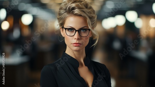 Elegant business woman in black suit and glasses