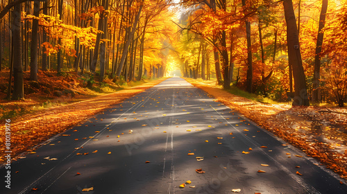 Peaceful road with autumn trees lining the road and sun shining through