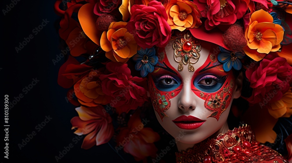Vibrant floral portrait of a woman in ornate makeup