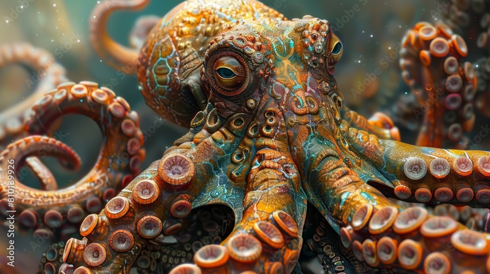 A colorful octopus with a blue eye stares at the camera. The octopus has a unique and intricate pattern on its skin, making it stand out from other sea creatures. Concept of wonder and curiosity
