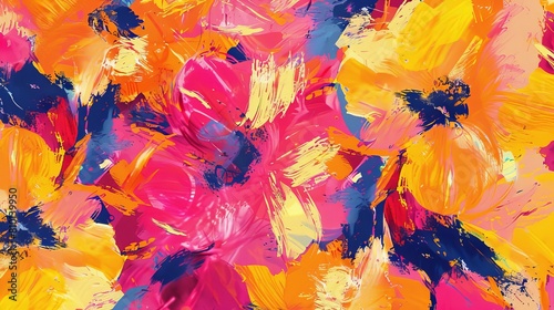 Seamless pattern of abstract painting with pink and yellow flowers, hand-drawn in impressionism style, offering a modern art background. photo