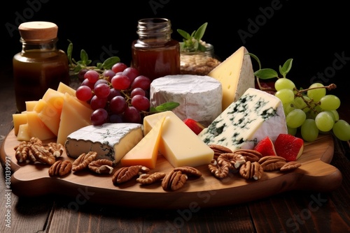 Assortment of gourmet cheese and fruit on wooden board