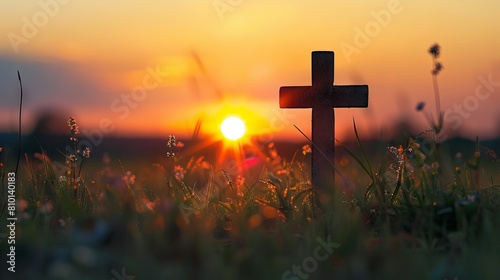 Christian cross silhouette against a sunrise