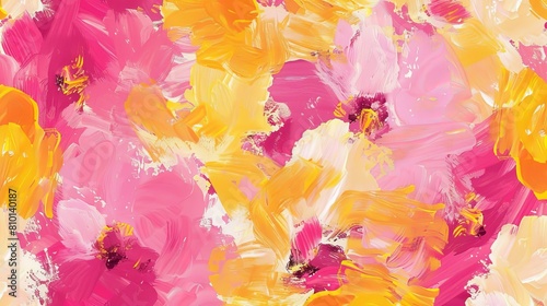 Seamless pattern of abstract painting with pink and yellow flowers  hand-drawn in impressionism style  offering a modern art background.