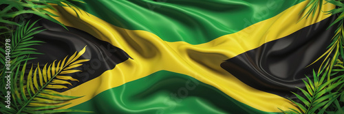 The waving flag of Jamaica against the background of the nature of Jamaica. Jamaica's Independence Day photo