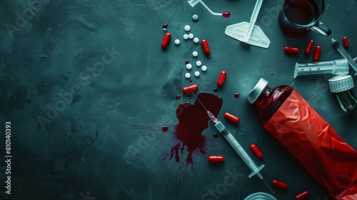 bag of blood, syringe and medicine background concept, with copy space. top view