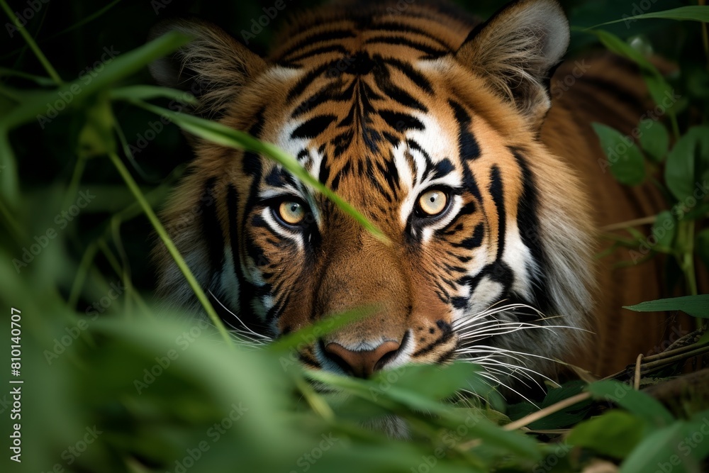 Fototapeta premium Captivating tiger in lush jungle foliage